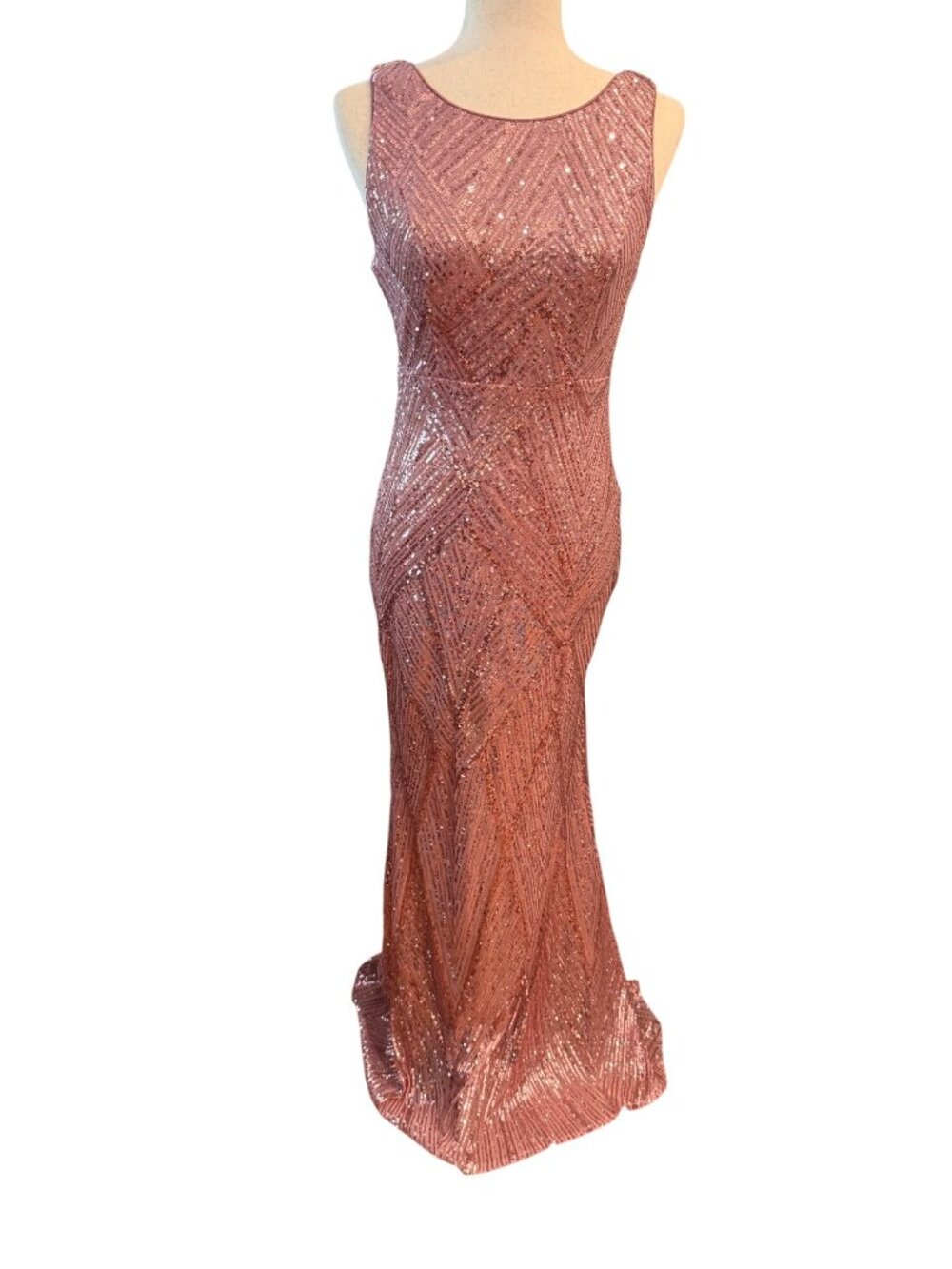Rose Gold Sequin Geometric Maxi Dress Sleeveless V-Back Formal Gown Small